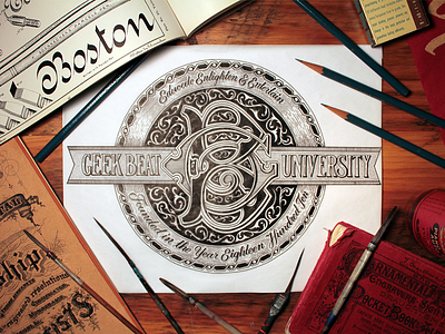 Geek Beat University banner calligraphy flourish hand drawn hand lettering lettering monogram stipple typography victorian