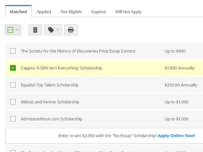 Scholarship Matches active arrow button checkbox delete icon label match open sans print scholarship scholarshipexperts select tab