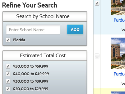 ScholarshipExperts College Search Results Filter button checkbox college filter results scholarshipexperts search