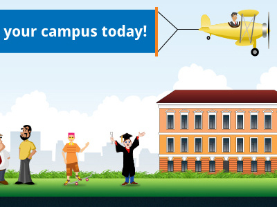 CampusDiscovery Footer airplane banner buildings campus campus discovery characters city clouds footer illustration people plane school skyline