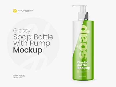 Glossy Soap Bottle with Pump Mockup - Front View bottle branding cosmetic mock up mock up mockup pack package packaging photoshop psd mockup shampoo soap yellow images