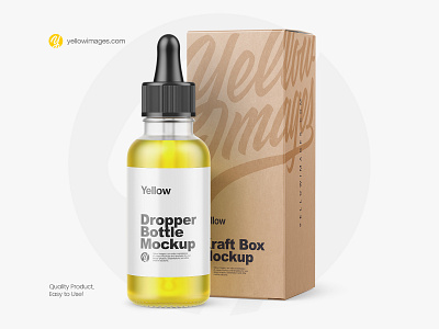Frosted Glass Dropper Oil Bottle with Kraft Box Mockup bottle with box box box mockup cannabidiol cannabis cbd design dropper dropper oil frosted bottle kraft box mock up mock up mockup oil oil bottle pack package packaging yellow images