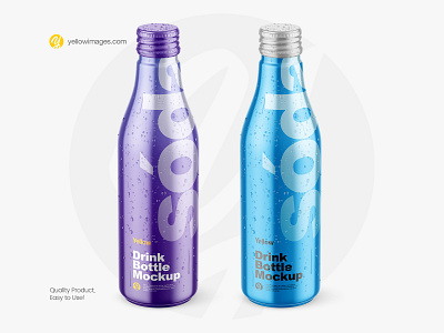 Metallic Drink Bottle with Drops Mockup aluminium bottle bottle with drops brand branding condensate condensation design drink drops energy drink mock up mock up mockup pack package packaging soda water drops yellow images