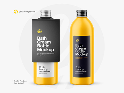 Matte Bottle with Glossy Top Label Mockup balsam beauty bottle bubblebath cosmetic cream design gel haircare lotion matte mockup nurturing bath cream pack package packaging psd scincare shampoo yellow images
