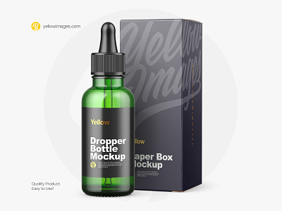 Green Glass Dropper Bottle with Paper Box Mockup adobe photoshop box branding cannabidiol cbd design drooper with box green bottle green glass hemp oil kraft medical oil mock up mock up mockup package packaging photoshop psd yellow images