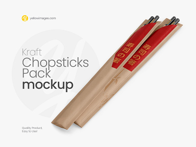 Chopsticks in Kraft Pack Mockup - Halfside View asian asian food chinese chopstick chopstiks mockup cuisine cutlery food japanese kraft mock up mock up mockup pack package stick sushi yellow images