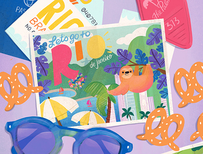 Let's Go to Rio cute illustration leaves lettering sloth