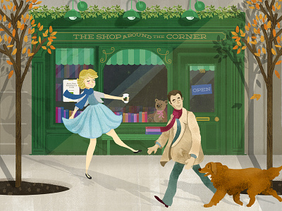 The Shop Around the Corner autumn bookstore dog illustration leaves movie new york orange shop youve got mail