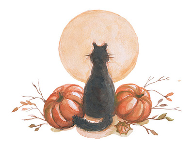 Watercolor Halloween Pumpkin And Cat Clipart