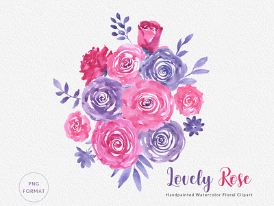 Lovely Rose Watercolor Floral Clipart digital illustration floral wreath and bouquet flower clipart gogivo gogivofineart graphic clipart instant download lovely rose pink purple rose design rose flower illustration watercolor clipart