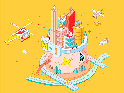 City And Human airplane building character design cloud color drink glasses homepage illustration isometric road tree ui vector vr website