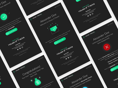 Mailers for Music Marketplace approved email confirm email congratulations email dark theme dark theme ui disapprove email email design mail mailer mailers mailing reward email welcome email