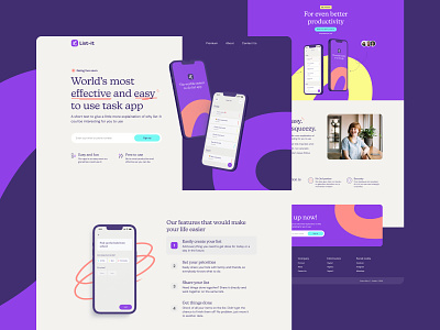 Landing page design for a todo-list app app colorful friendly landing page purple quirky todo list web design website