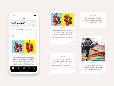 News Cards - Food Diary App avenir bottom navigation card ui food app futura ios app design minimal mobile app design news feed sketch ux ui design