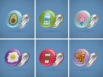 Cute Foods Button Collection badges buttons cartoon character colorful design flat illustration food graphic design illustration kawaii playful product smile vector