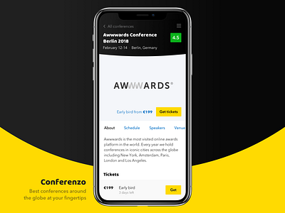 Mobile App — Conferenzo / Conference Event Page agency app app concept book tickets concept app conference creative design e commerce experience flat ios minimal mobile mobile app mobile app design tickets ui design ux design web
