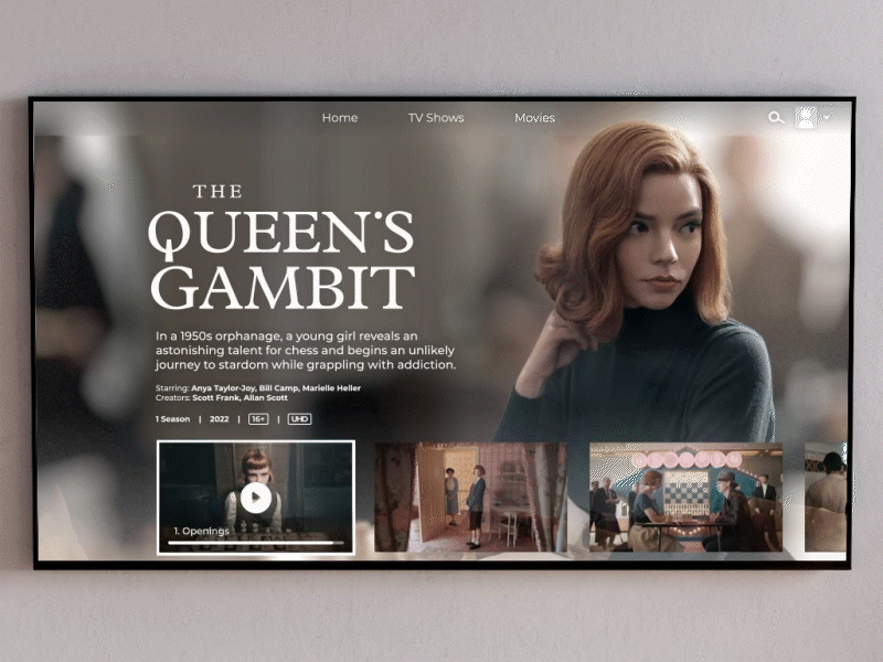 TV App - Daily UI #025 animation app apple daily ui design episodes gambit motion graphics movie netflix prime queen series service streaming television tv ui