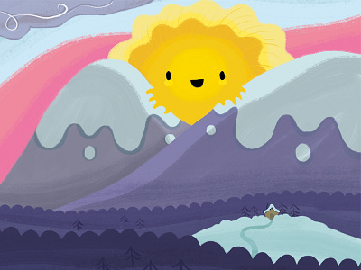 Hello Sunshine cabin forest illustration mountains sun winter