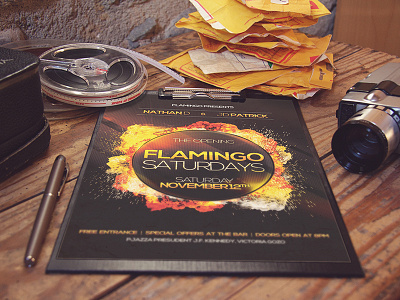 Flamingo Saturdays Poster camera club disco event explosion fire flamingo illustration mockup poster type