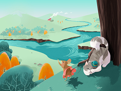 Kamishibai - page 02 cat illustration landscape mouse