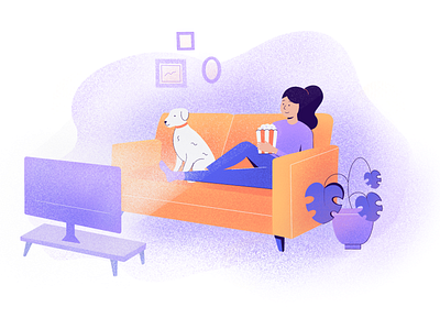 Watching tv blue couch dog grainy illustration popcorn procreate purple watching movie watching tv