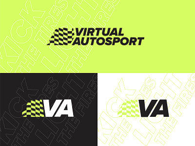 Virtual Autosport badge branding cars checkered design esports green kansas city logo neon racing simulator twitch typography vector