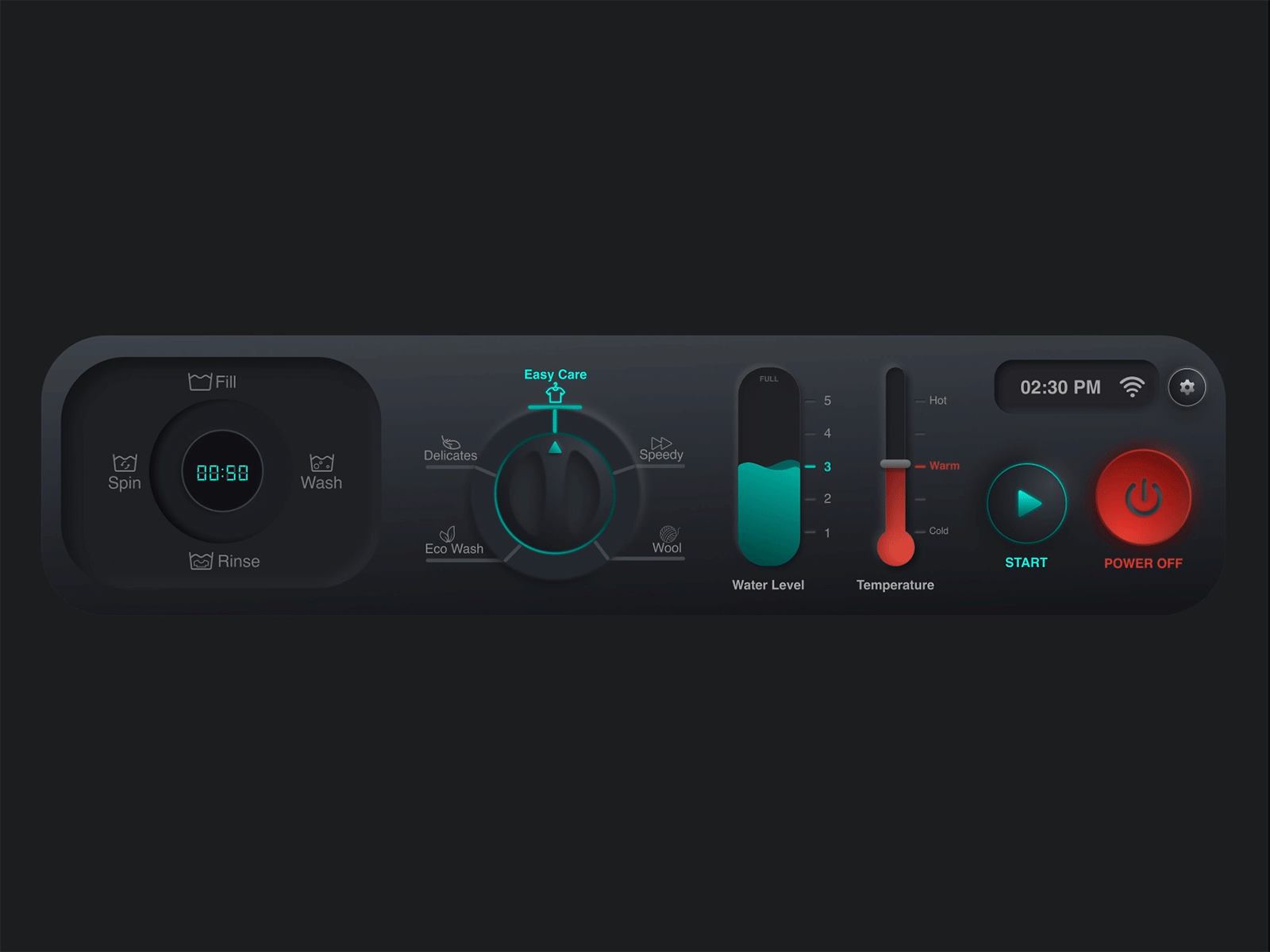 Neumorphic Smart Washing Machine Panel dark theme design2020 figma interface neumorphic neumorphism skeumorphic skeumorphism smart smart home ui user interface washing machine