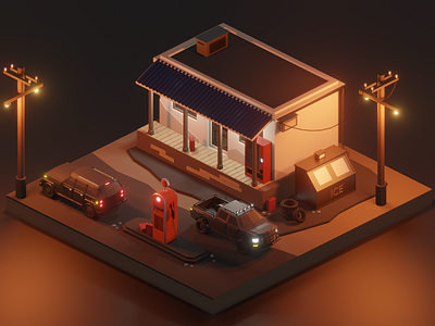 Low Poly Gas Station [NIGHT] b3d blender3d design gasstation illustration low poly art lowpoly3d nepal stylustechnology