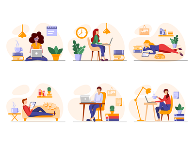 Freelancing or studying at home character comfortable cosy freelance home illustration laptop office online people student study tablet vector work working