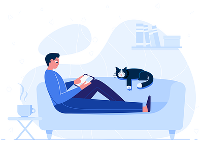 A man surfing the Internet on the sofa with cat blue cat character comfortable confort couch flat freelance home illustration internet lie man online phone relax rest sofa tablet vector