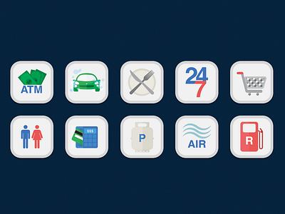 Gas Station Amenity Icons 247 air atm carwash convenience store gas pay at the pump propane restaurant washroom