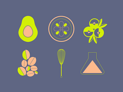 🍊 Custom Mixed Icons 🍊 avocado beauty beauty product berries blueberry coffee fruit icons illustration illustrator ingredients neon orange palette product design science skincare tech