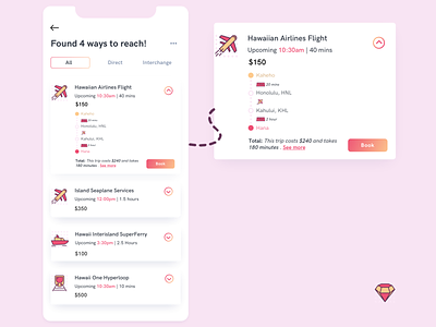 Search result showing different ways to travel 2018 app appdesign cards clean design hawaii holo iphone x iphonex island latest pink radhika dutt routes sketch travel ui