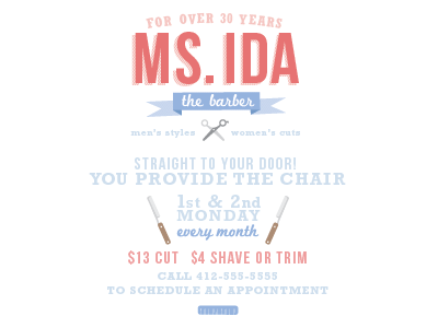 Ms. Ida The Barber Flyer barber comb flyer razor scissors vector illustration