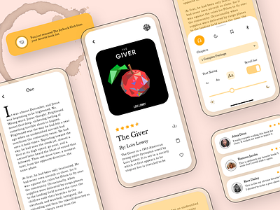 The Giver book clean coffee dailyui dailyui16 dailyui19 fruit fruits illustration mobile mobile app modern readingapp simple ui weeklywarmup