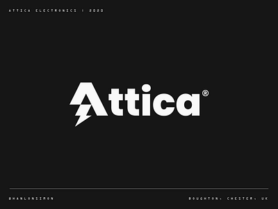 Attica Electronics blackandwhite bolt brand brand design brandidentity branding clean icon identity identitydesign lightning logo logodesign logomark minimal poppins simple spark