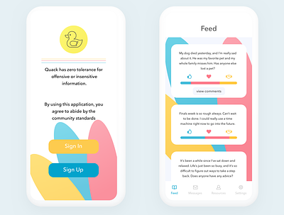 Quack: Support community for sharing mental health struggles app application design prototype sketch ui ui design uiux uiuxdesign user experience user experience design ux ux design ux research