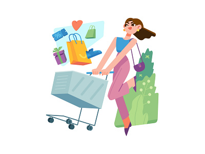 Shopping colorful commerce design discount ecommerce flat girl graphic illustration love shopping shopping bag shopping cart stylish ui vector