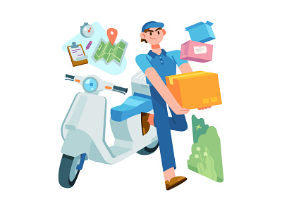 Delivery Service bike box boy colorful delivery delivery service design flat graphic guy illustration map minimal scooter stylish ui vector
