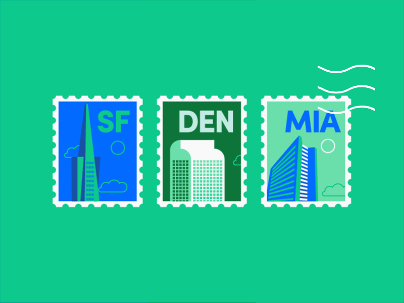 Most Giving Cities 4/4 buildings denver design illustration lyft miami san francisco simple stamp