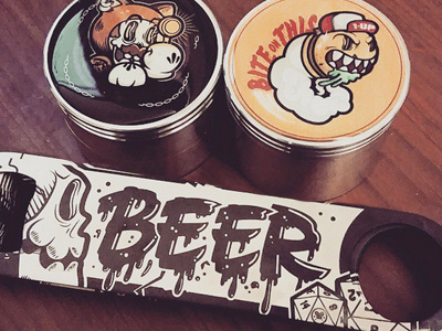 Revengelover Grinders & Bottle Opener beer grinder herb illustration illustrator marijuana typography vector weed