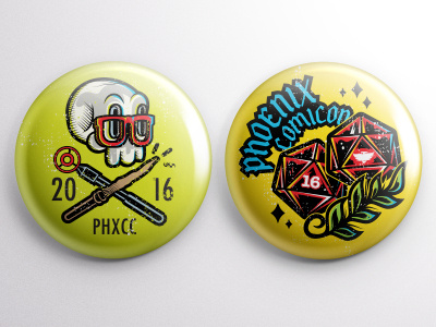 Phoenix Comicon 2016 Button Mock-Ups buttons d20 geek illustration illustrator nerd rpg skull vector