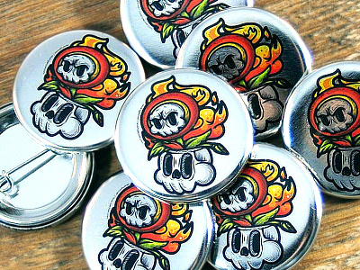 Fireflower – 1.25" Buttons buttons fireflower illustration illustrator metallic pins skull vector