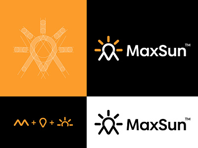 MaxSun logo (M+Sun+Locatin icon) Creative logomark.