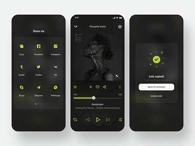 Daily UI #9-11 ~ Music Player app awsmcolor concept daily daily ui dailyuichallenge dark theme green message mobile music neon player redesign share ui