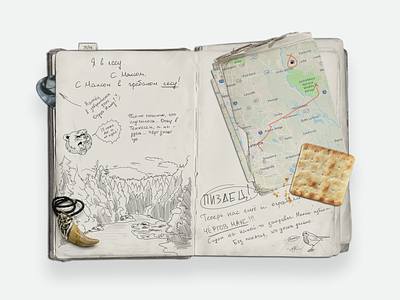 A Spread From The Diary :: #1 accessory art bear bird character clipart concept cookie diary forest graphic design guitar pick hadwritten map page sketch spread