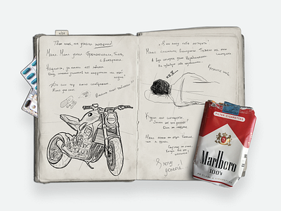 A Spread From The Dirary :: #2 art character cigarettes clipart concept diary graphic design handwritten marlboro motorcycle page pills sketch sleep spread