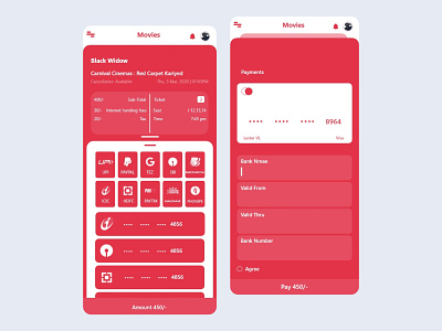 Dream Movies : choose payment mode Mobile App Design (Part 4) android app bank branding choose payment mode design figma ios mobile money movies red ui ux xd xd design