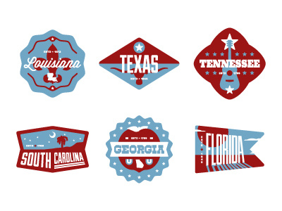 Floor Pass badges South app badges branding florida georgia icons illustration louisiana pins south south carolina southern states tennessee texas