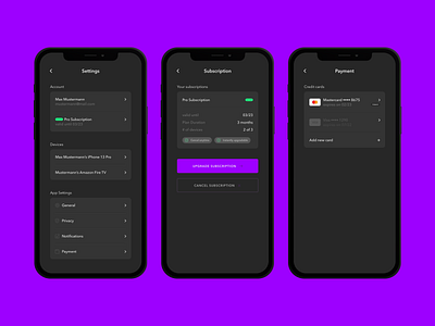 Settings screens on mobile app / DAILY UI 004